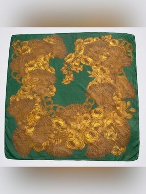 Vintage CHANEL Silk Scarf Green Gold Floral Wheat Chain Print - Authentic